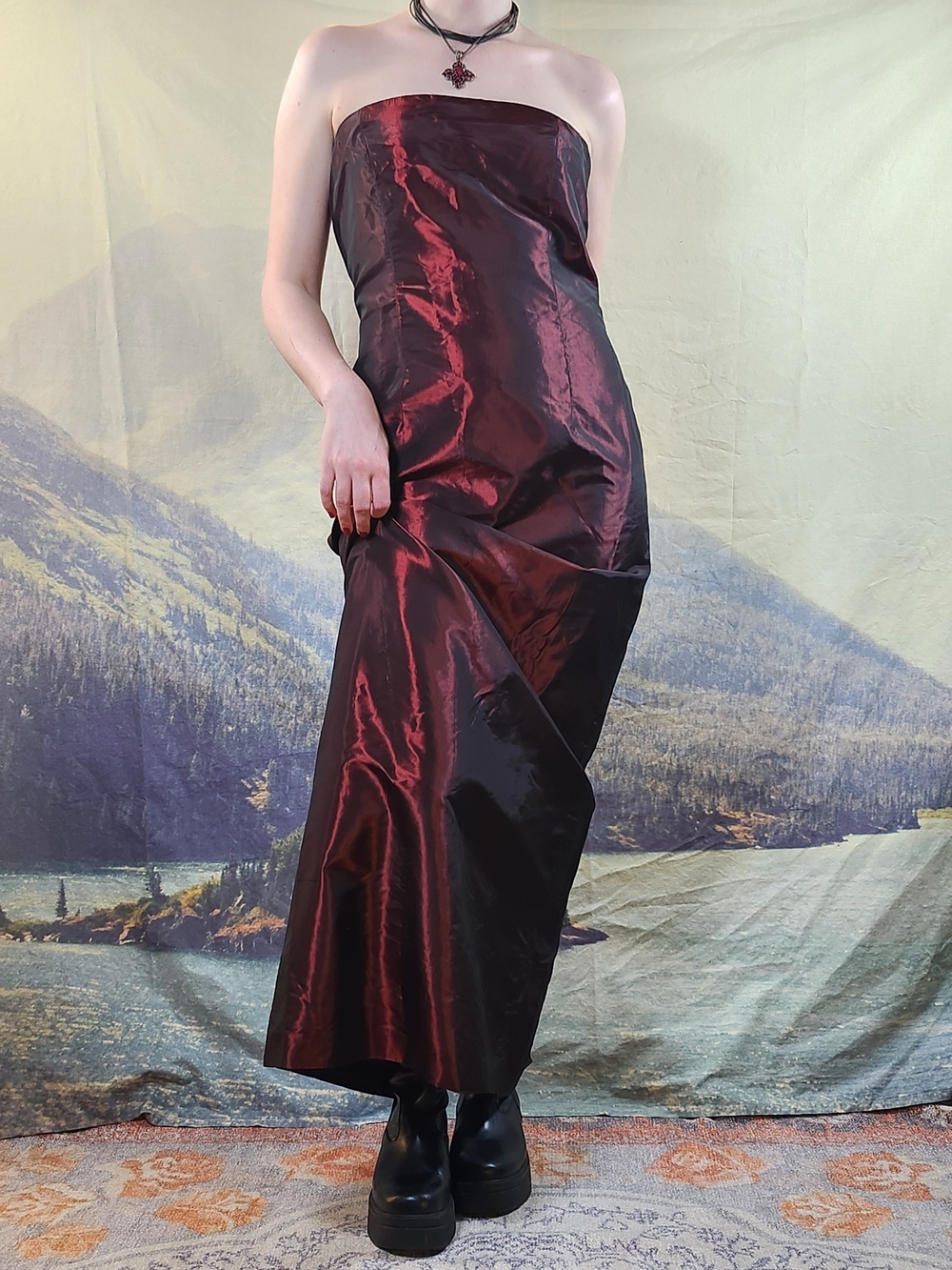Vintage 100% Silk Strapless Maxi Gown Dress Red Black 4P